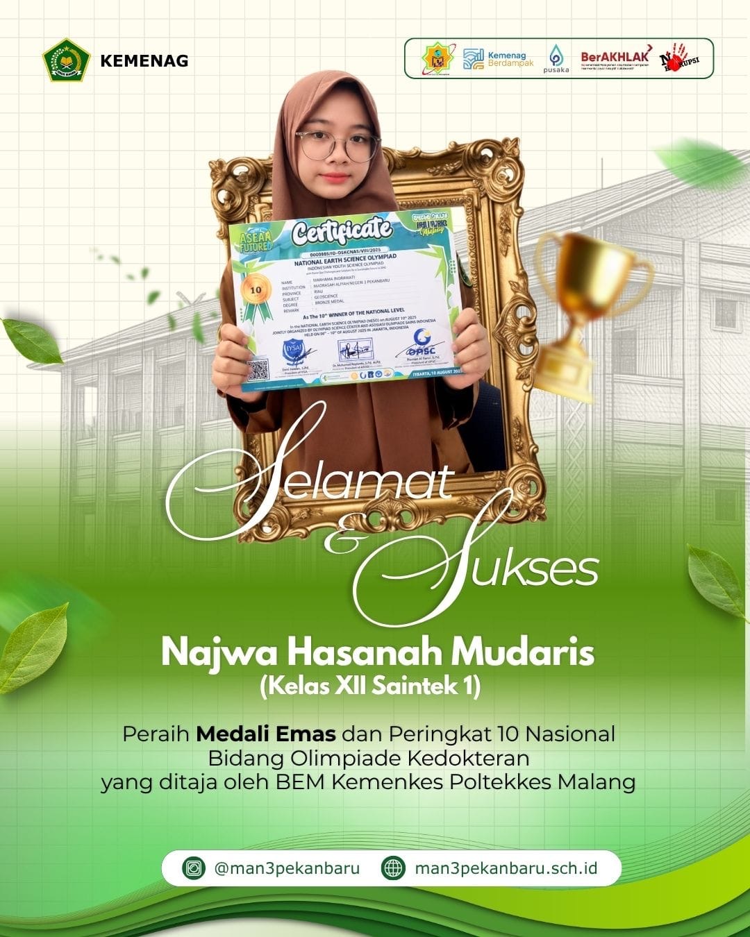 Raih Medali Emas, Najwa Hasanah Mudaris Masuk 10 Besar Nasional Olimpiade Kedokteran
